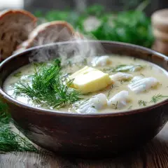 Gorąca zupa śledziowa z mleczem, ozdobiona masłem i koperkiem, paruje na drewnianym stole. Obok kromki chleba.
