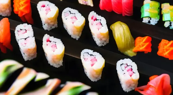 Różnorodne sushi: rolki z różowym nadzieniem i żółtym omletem, kawałki tuńczyka, zielone i pomarańczowe dodatki. Tak wygląda sushi.