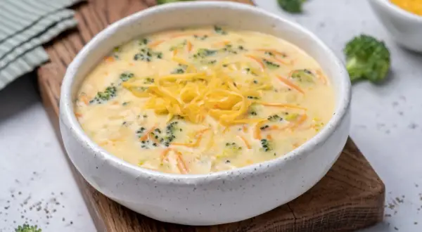Aksamitna zupa brokułowa z serem cheddar, pełna zielonych różyczek i pomarańczowych nitek marchewki, podana w ceramicznej misce na drewnianej desce.