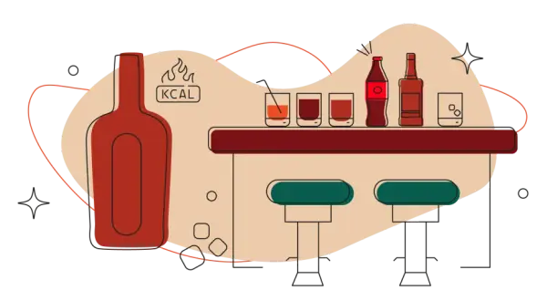 Ilustracja baru z butelką whisky, napojami i dwoma stołkami barowymi.