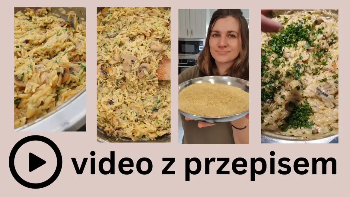 Pyszny makaron orzo z pieczarkami, posypany świeżą natką pietruszki. Idealny pomysł na szybki obiad.
