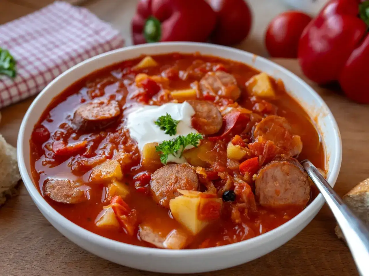 Gęsta, aromatyczna zupa węgierska z kiełbasą, ziemniakami i papryką, udekorowana kleksem śmietany i natką pietruszki.