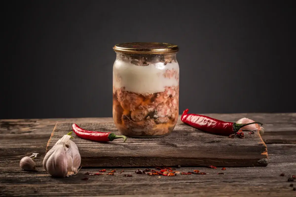 Słoik z mięsem i tłuszczem, obok papryczki chili i czosnek. Idealny przykład, jak zawekować sos z mięsem na zimę.