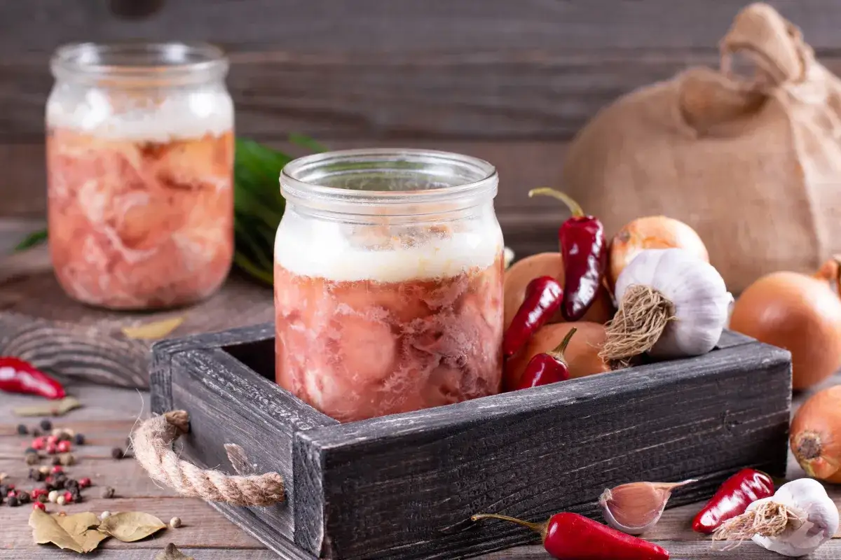 Słoiki z mięsem i tłuszczem, gotowe do tego, jak zawekować sos z mięsem. Obok cebula, czosnek i papryczki chili.