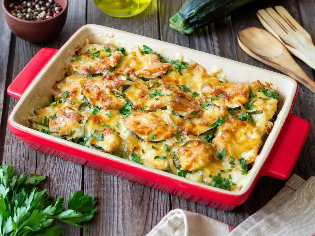 Pyszna, pieczona cukinia z serem, posypana świeżą natką pietruszki, w czerwonej naczyniu żaroodpornym.